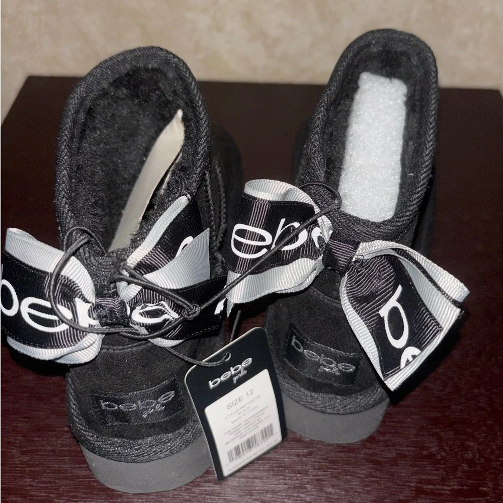 BEBE Black Suede Platform Winter Boots Ankle Booties Shoes‎ Girl's Youth Size 12
